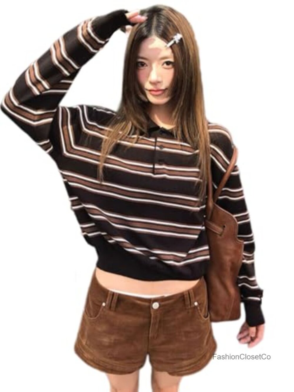 Y2K Striped Rugby Polo Shirt for Women Long Sleeve Collared Casual Vintage